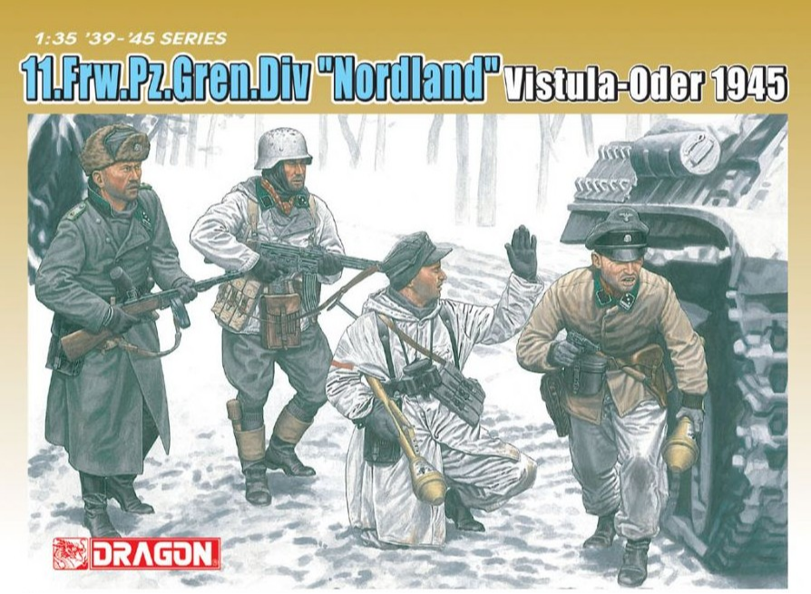 Portada de la caja de figuras de panzer granderos alemanes de la division Norland durante las batallas en el Oder-Vistula de 1945 en escala 1:35 de Dragon referencia 6455