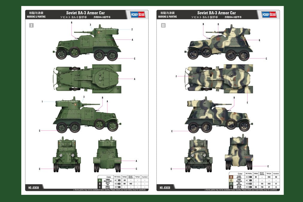 Coche blindado sovietico BA-3 en escala 1:35 de Hobby Boss 83838 Esquemas de pintura