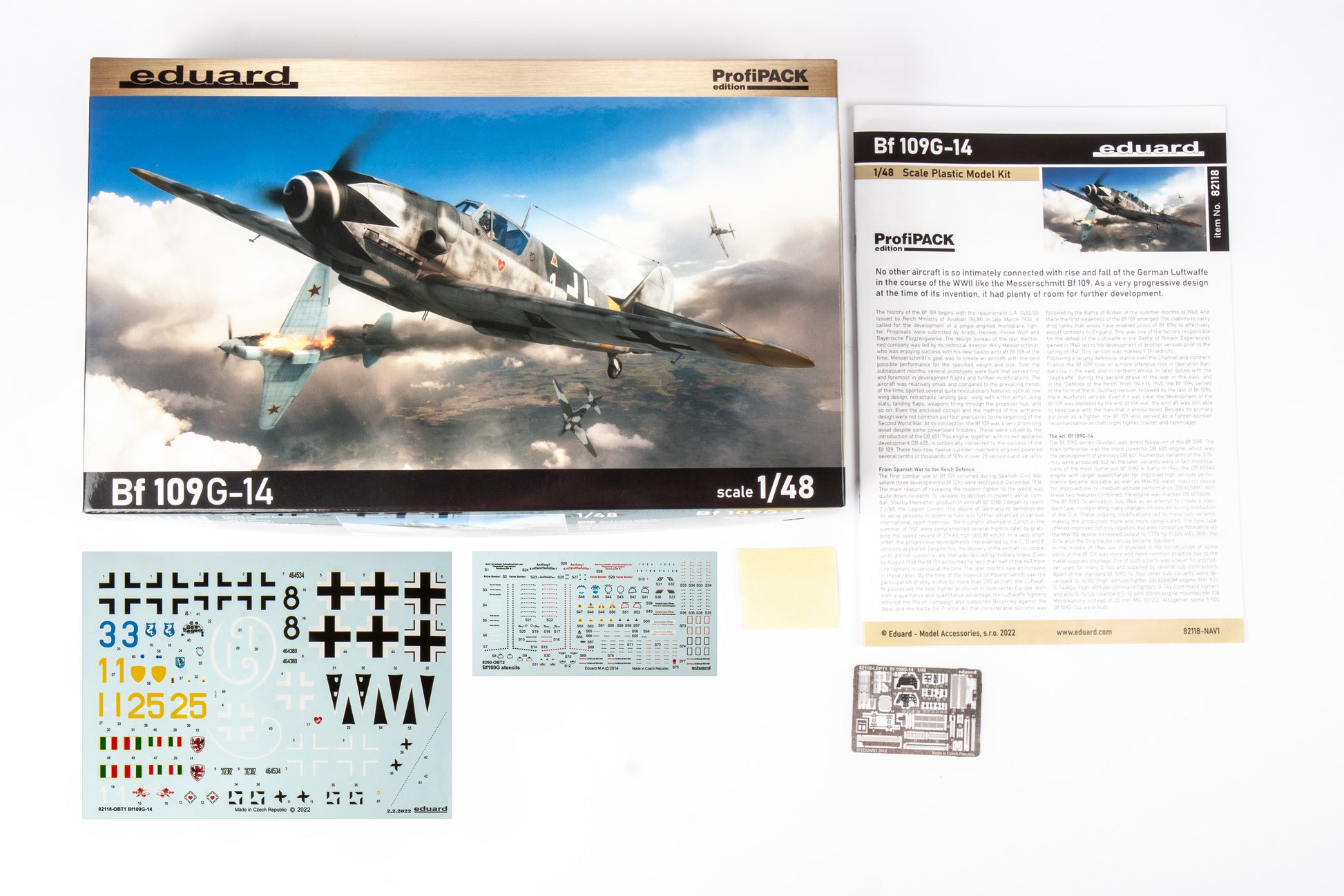Componentes de la caja de la maqueta del caza alemán Bf-109 G14 edición ProfiPACK en escala 1:48 de Eduard referencia 82118