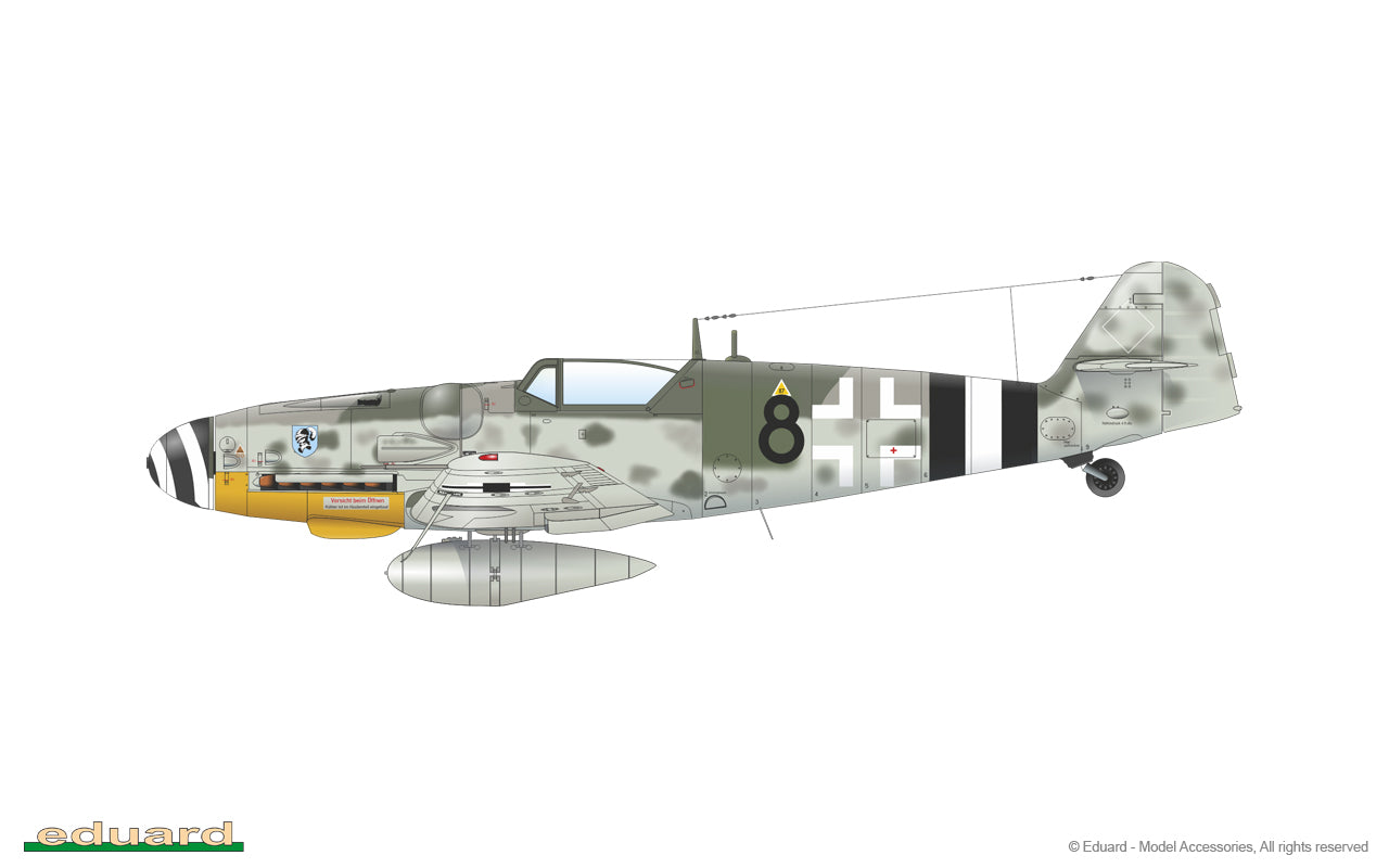 Esquema de camuflaje 3 de la maqueta del caza alemán Bf-109 G14 edición ProfiPACK en escala 1:48 de Eduard referencia 82118