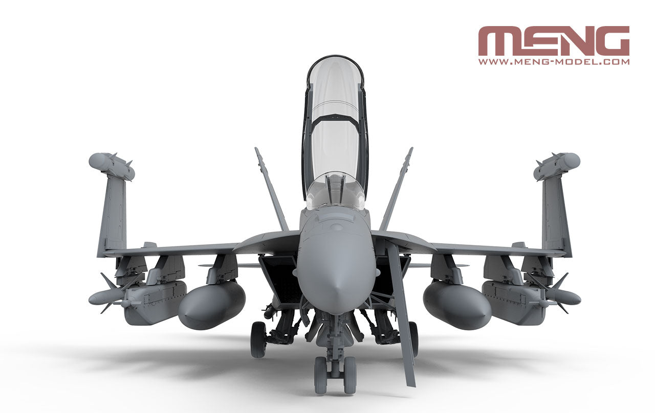Vista frontal de la maqueta del caza en versión de ataque electrónico EA-18G Growler en escala 1:48 de Meng referencia LS-014