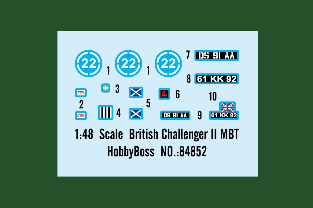 Calcas de la maqueta del carro de combate inglés Challenger II en escala 1:48 de Hobby Boss referencia 84852