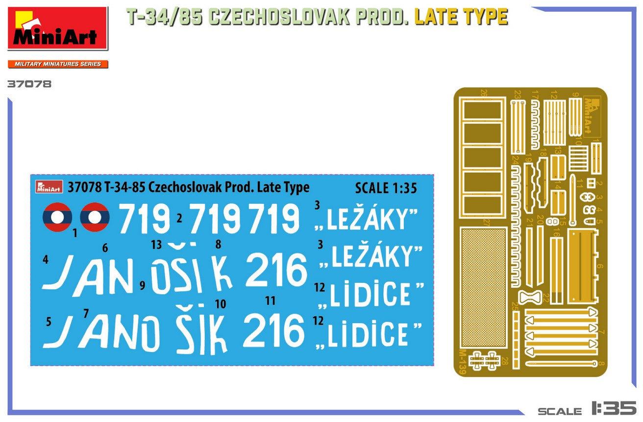 Calcas y Fotograbados de la maqueta del T-34/85 Produccion Final Checoslovaca en escala 1:35 de Miniart referencia 37078