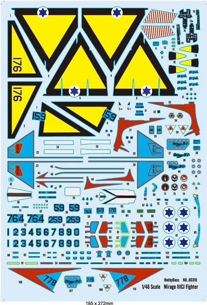 Calcas de la maqueta del avión de caza francés Mirage III CJ en escala 1:48 de Hobby Boss referencia 80316