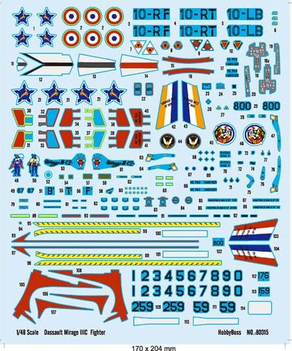 Calcas de la maqueta del avión de caza francés Mirage III C en escala 1:48 de Hobby Boss referencia 80315