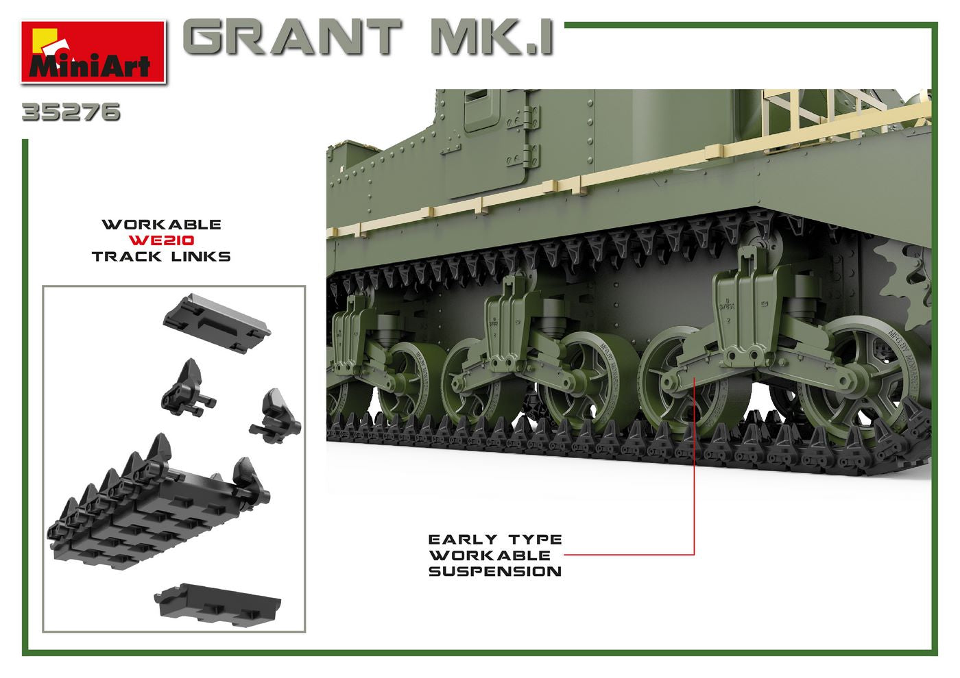 Vista tren rodaje de la maqueta del tanque británico Grant Mk.I en escala 1:35 de Miniart referencia 35276