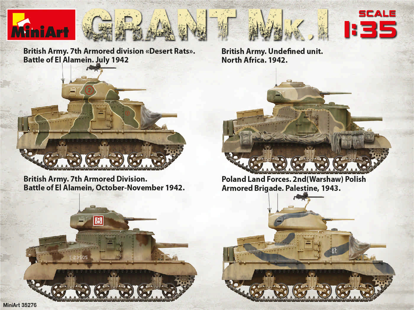 Esquemas de pintura de la maqueta del tanque británico Grant Mk.I en escala 1:35 de Miniart referencia 35276