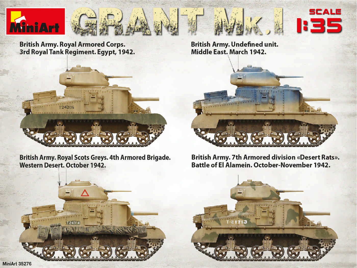 Esquemas de pintura de la maqueta del tanque británico Grant Mk.I en escala 1:35 de Miniart referencia 35276
