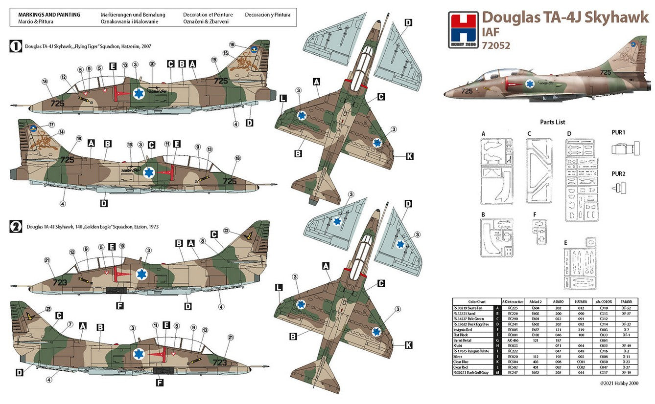 Esquemas de pintura del caza Douglas TA-4J Skyhawk de la fuerza earea israelita en escala 1:72 del fabricante Hobby 2000