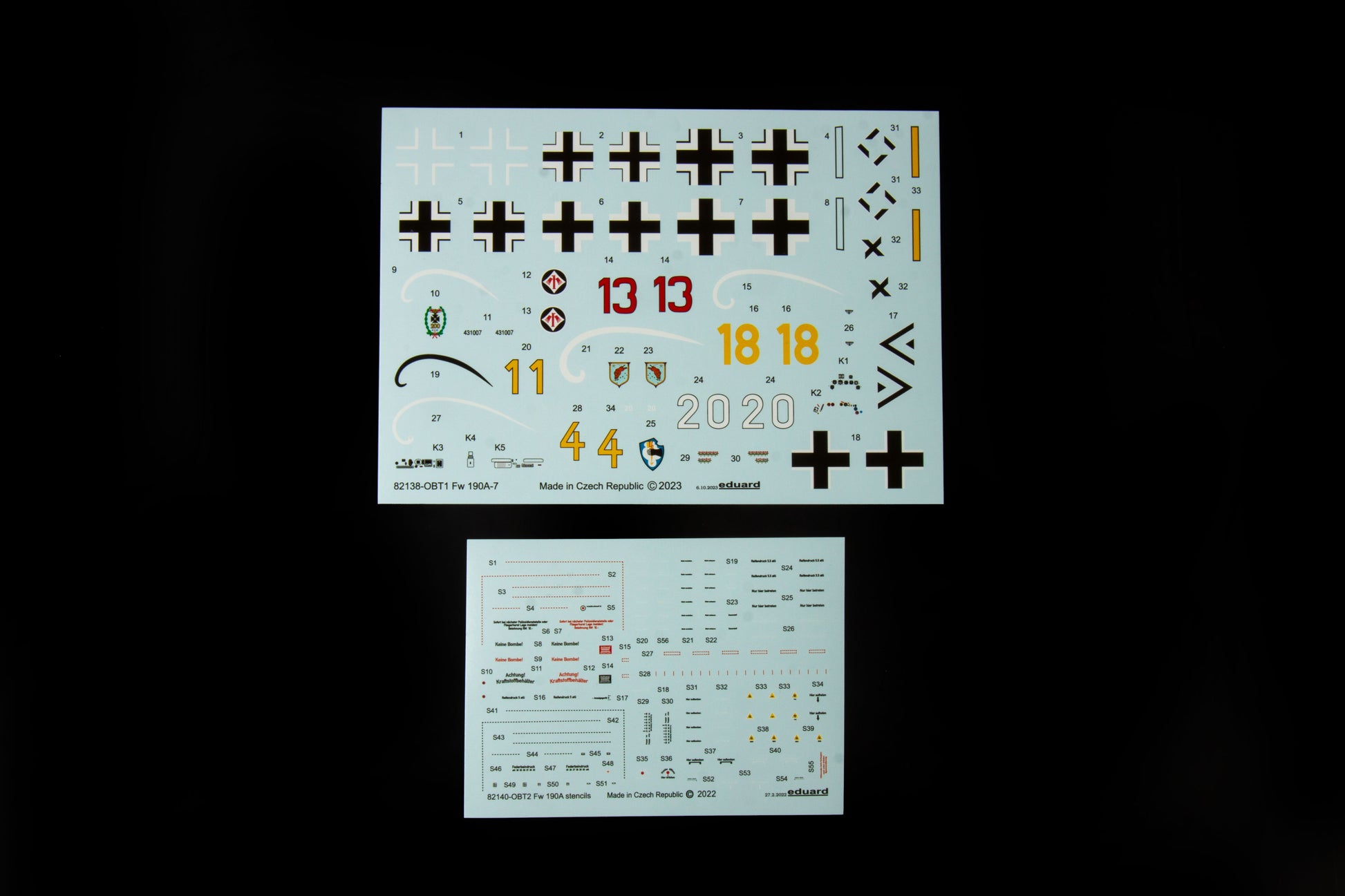 Calcas de la maqueta del caza alemán Fw-190 A7 en escala 1:48 de Edurad referencia 82138