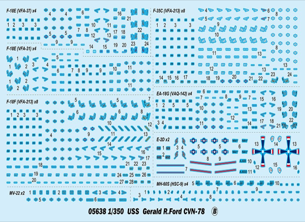 Calcas dotacion aerea de la maqueta del portaaviones nuclear norteamericano Gerald Ford CVN-78 en escala 1:350 de Trumpeter con referencia 05638