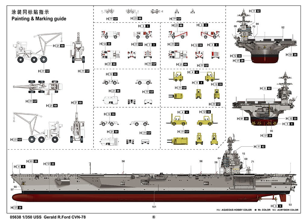 Decoración vehículos de pista de la maqueta del portaaviones nuclear norteamericano Gerald Ford CVN-78 en escala 1:350 de Trumpeter con referencia 05638