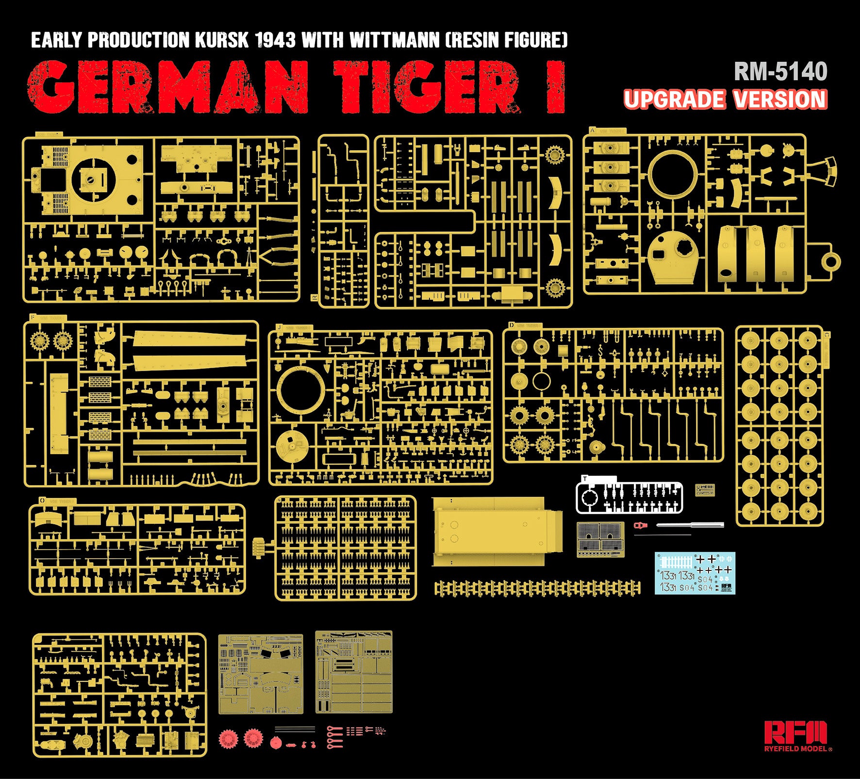 Detalle de las piezas de la maqueta del tanque alemán Tiger I de producción inicial durante la batalla de Kursk, con figura de Wittmann en escala 1:35 de RFM referencia 5140