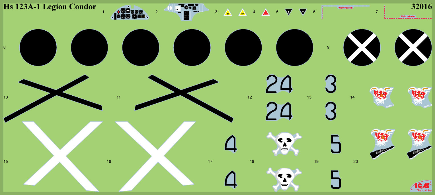Calcas de la maqueta del bombardero ligero alemán que sirvió en el Legión Cóndor durante la Guerra Civil Hs 123 A1 en escala 1:32 de ICM referencia 32016