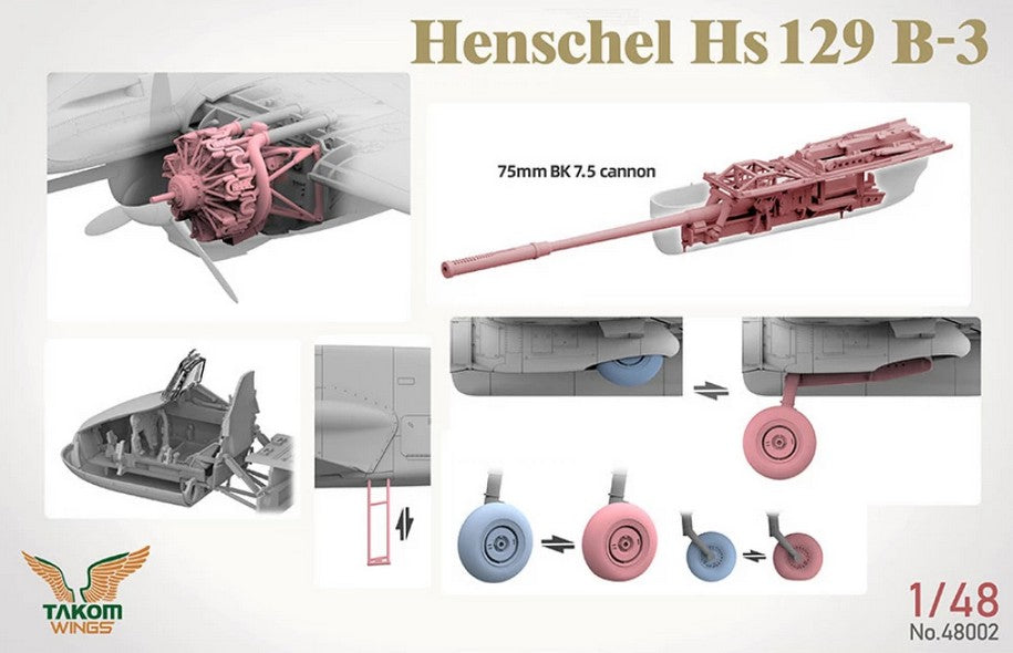 Resinas HS-129 B3 de la caja edición especial y limitada con 2 Hs-129, pilotos y Panther, todo en escala 1:48 de Takom referencia 48001W