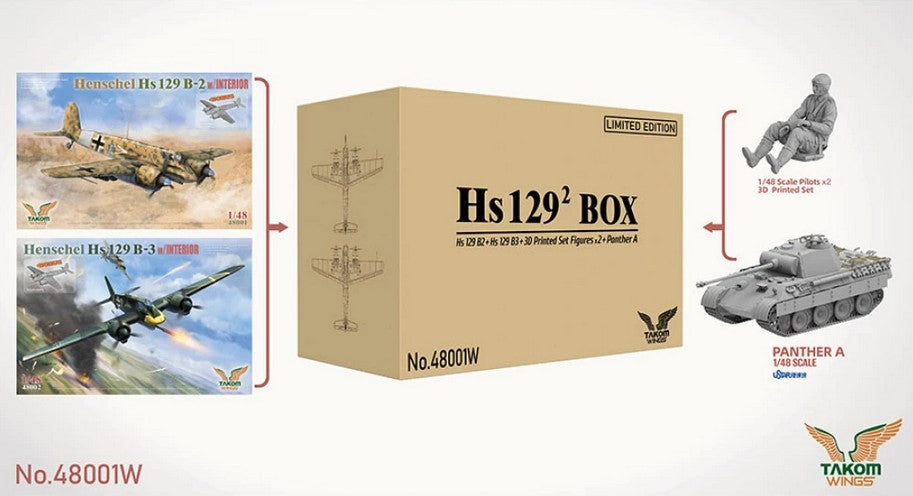 Caja edición especial y limitada con 2 Hs-129, pilotos y Panther, todo en escala 1:48 de Takom referencia 48001W