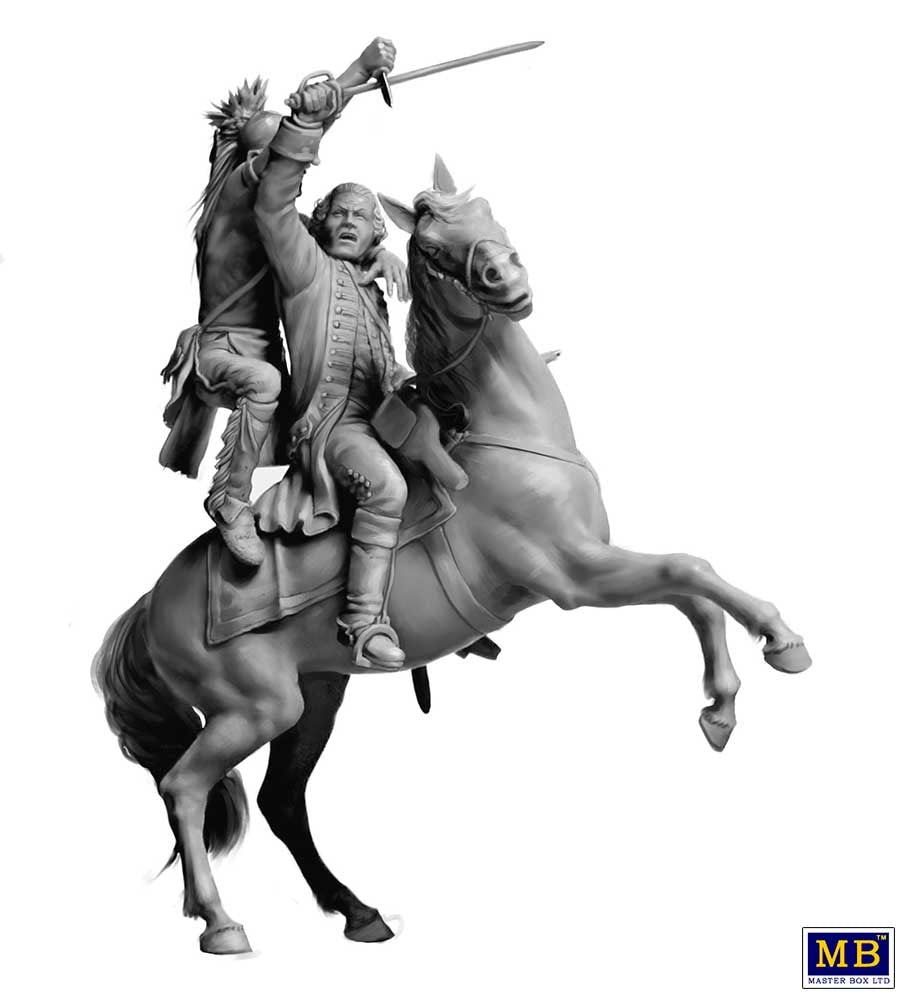 Vista delantera de la maqueta de las figuras de un oficial británico a caballo y un guerrero indio atacándole en escala 1:35 de Master Box referencia 35248