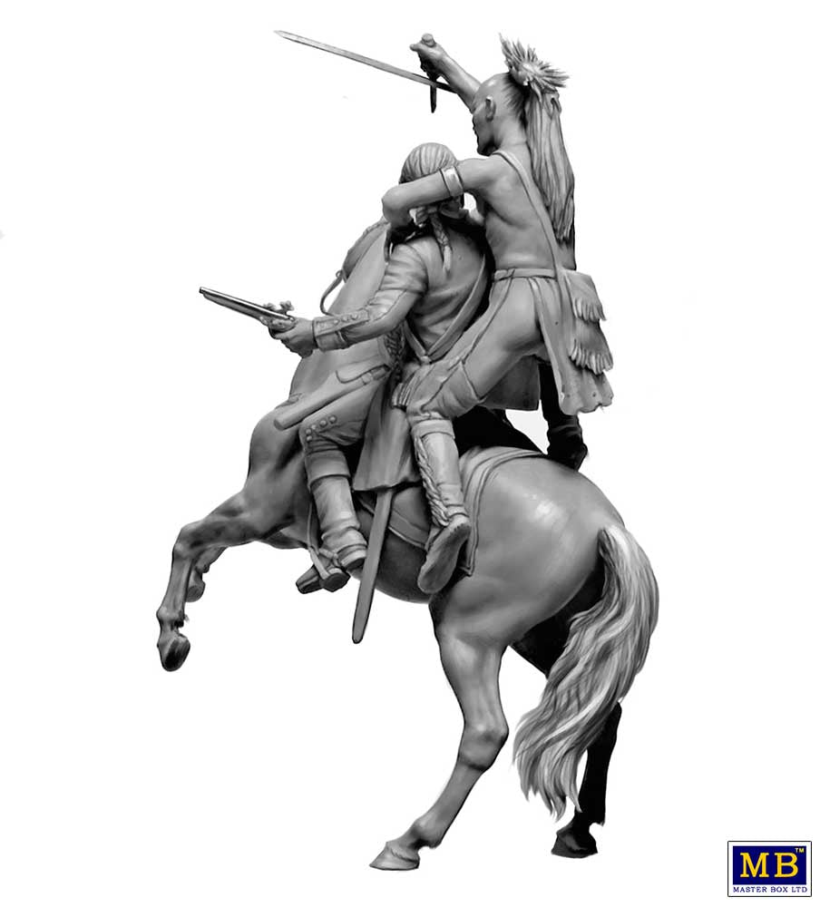 Vista trasera de la maqueta de las figuras de un oficial británico a caballo y un guerrero indio atacándole en escala 1:35 de Master Box referencia 35248