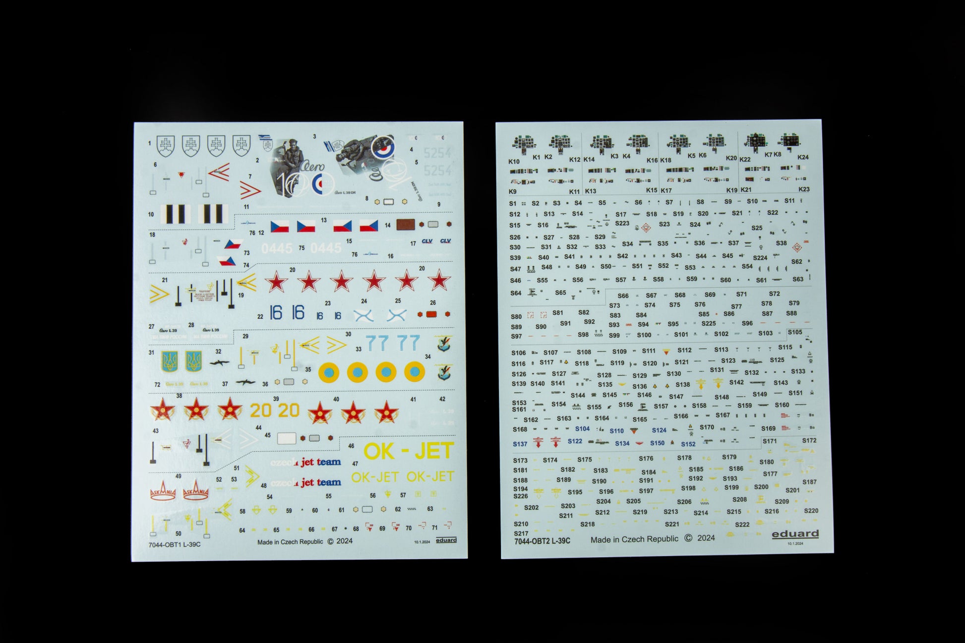 Calcas de la maqueta del avión de entrenamiento checo L-39C Albatros en escala 1:72 de Eduard referencia 7044