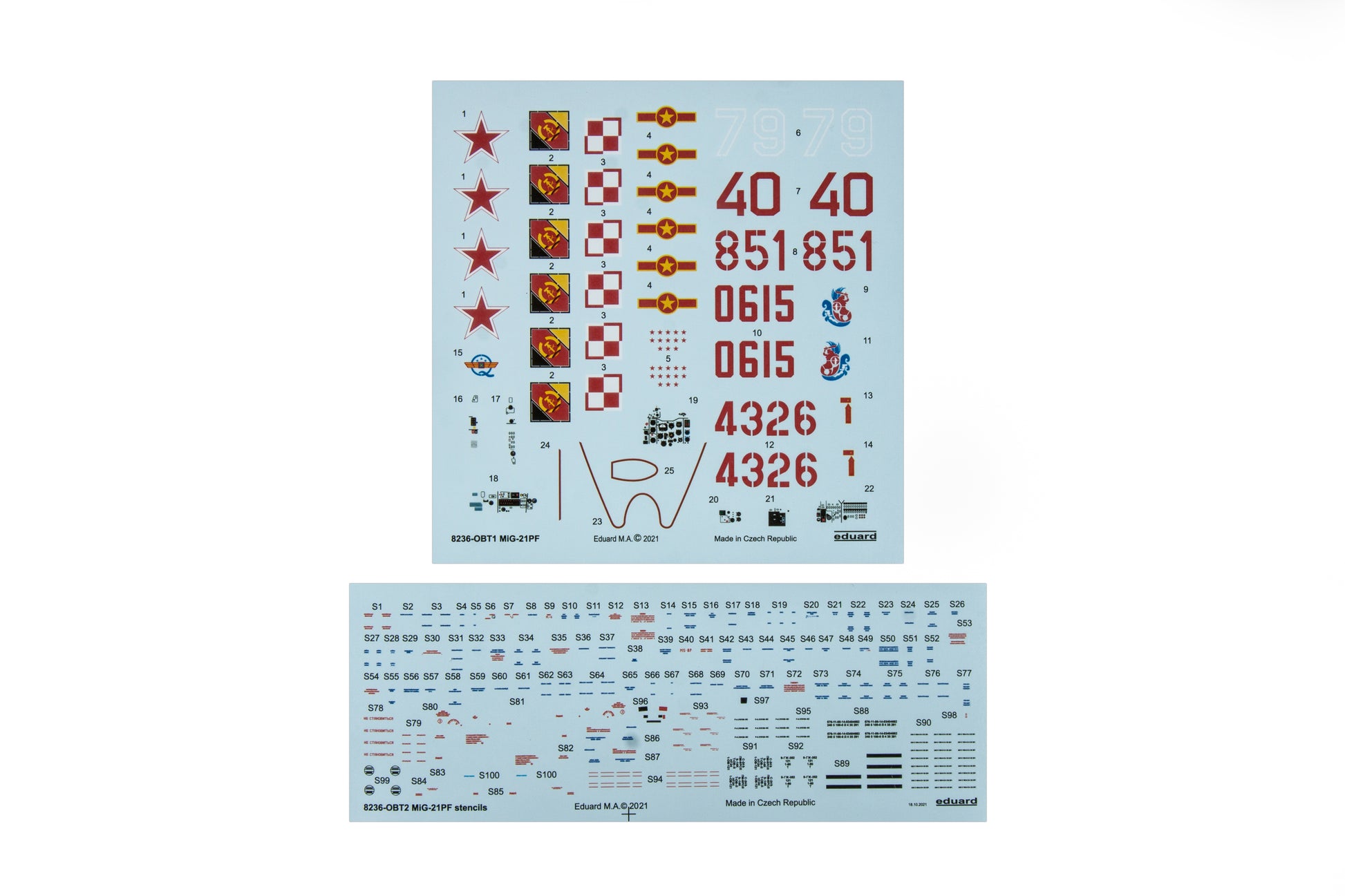 Calcas de la maqueta del caza soviético Mig-21 PF en escala 1:48 de  Eduard con referencia 8236