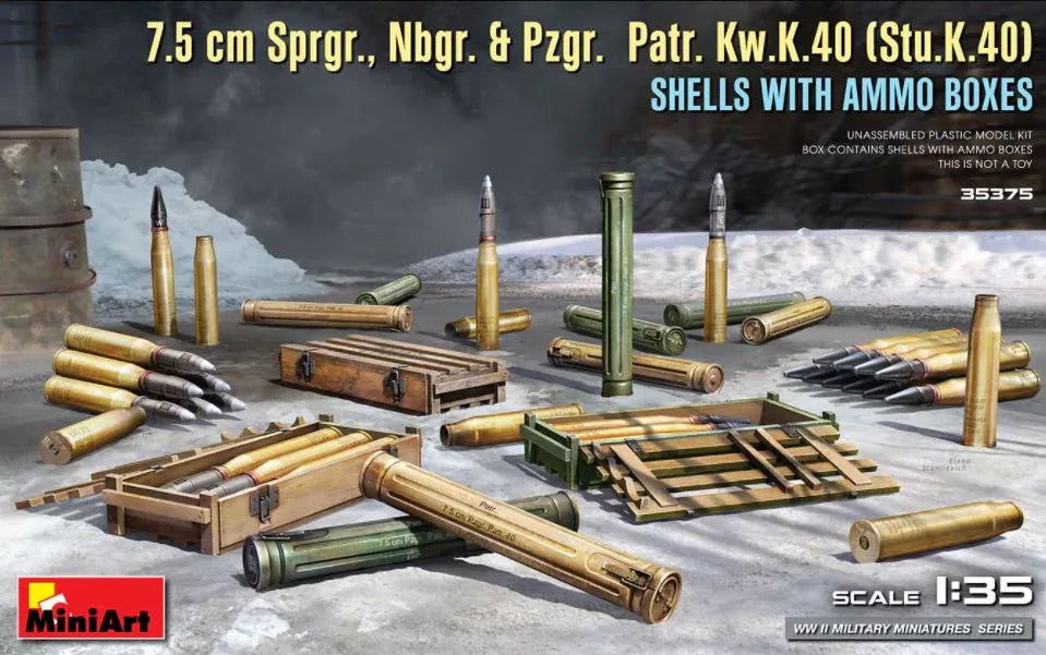MINIART (1/35) 7.5cm Sprgr, Nbgr, & Pzgr. Pat. Kw.K.40 (Stu.K.40)
