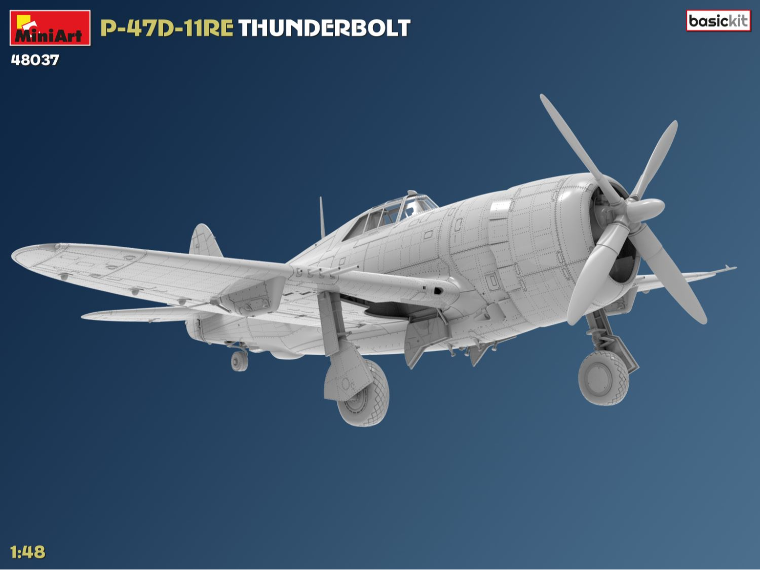 Vista frontal derecha de la maqueta del avión norteamericano P-47 -11RE Thunderbolt en escala 1:48 de Miniart referencia 48037
