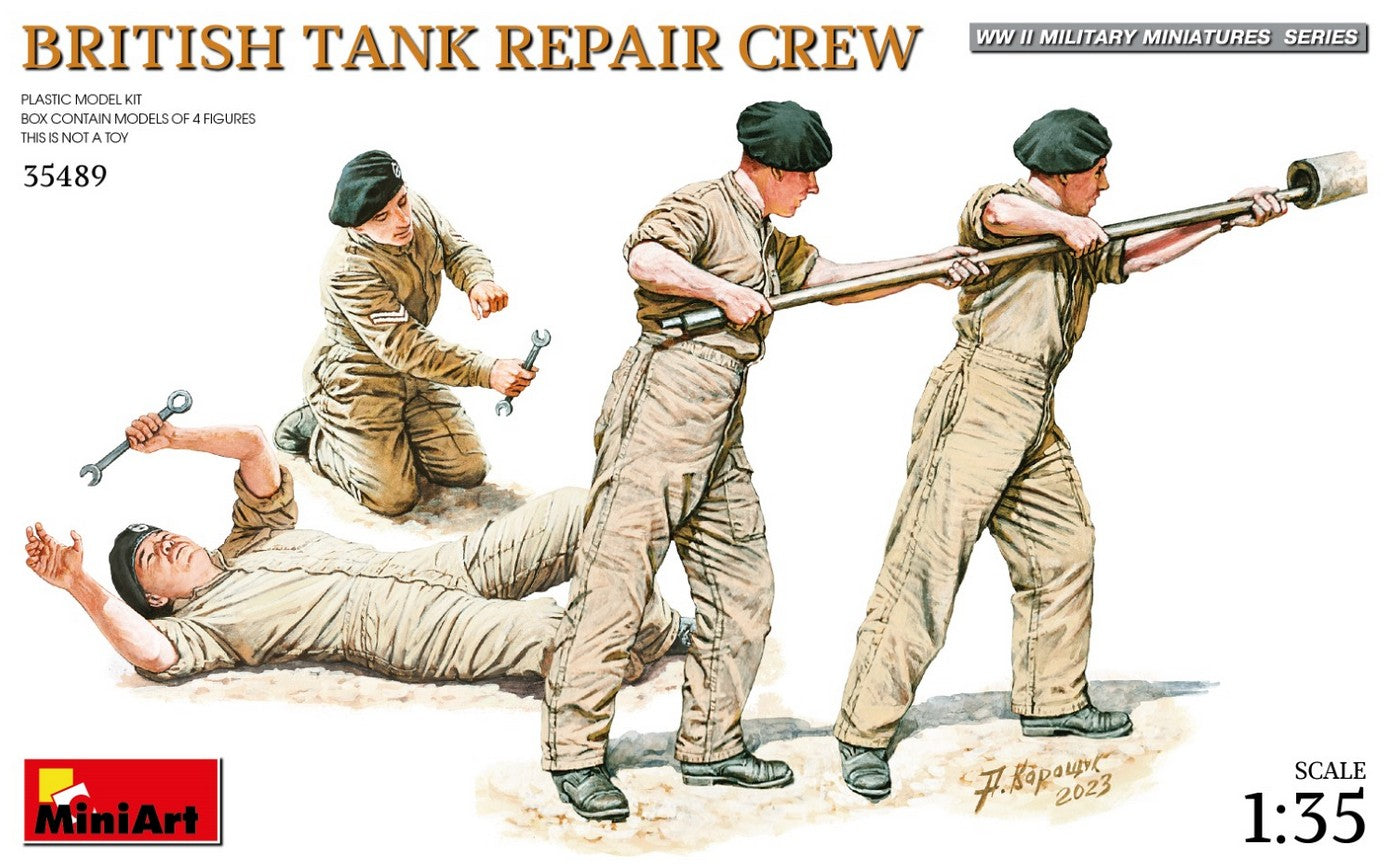 Portada de la maqueta de figuras de tripulantes de tanques británicos en reparación en escala 1:35 de Miniart referencia 35489