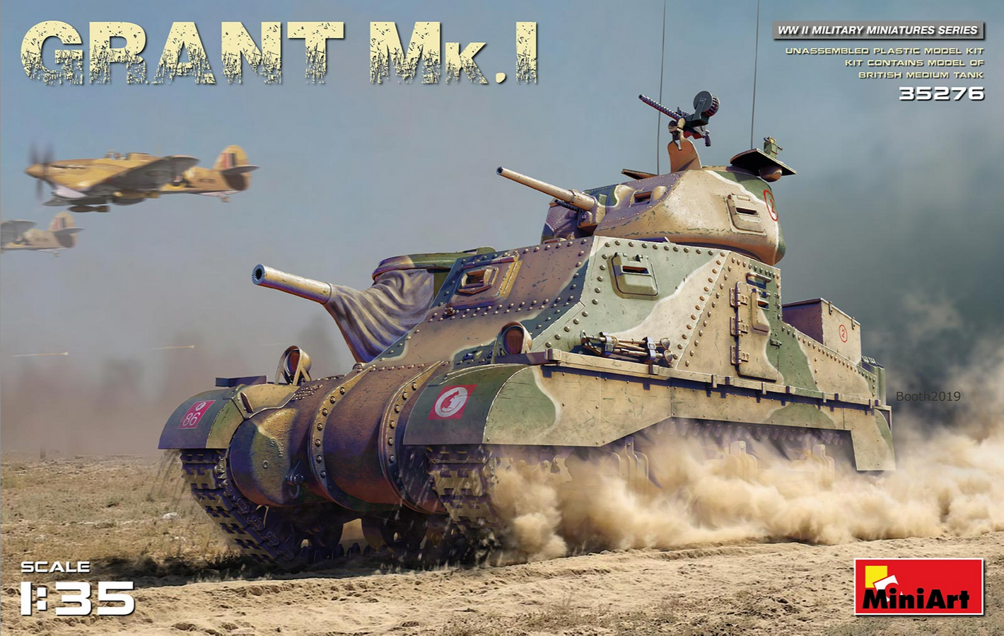 Portada de la caja de la maqueta del tanque británico Grant Mk.I en escala 1:35 de Miniart referencia 35276