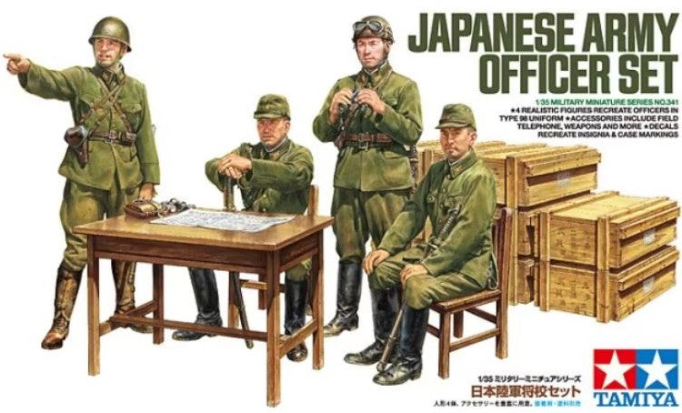 Portada de la maqueta de set de figuras de puesto de mando de oficiales del ejército japonés en escala 1:35 de Tamiya con referencia 35341