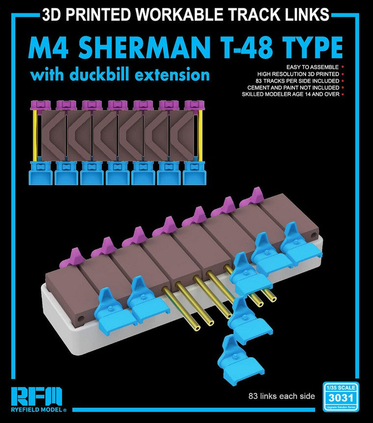 RYE FIELD MODEL (1/35) M4 Sherman T-48 type workable tracks with duckbill extension (3D Printed)
