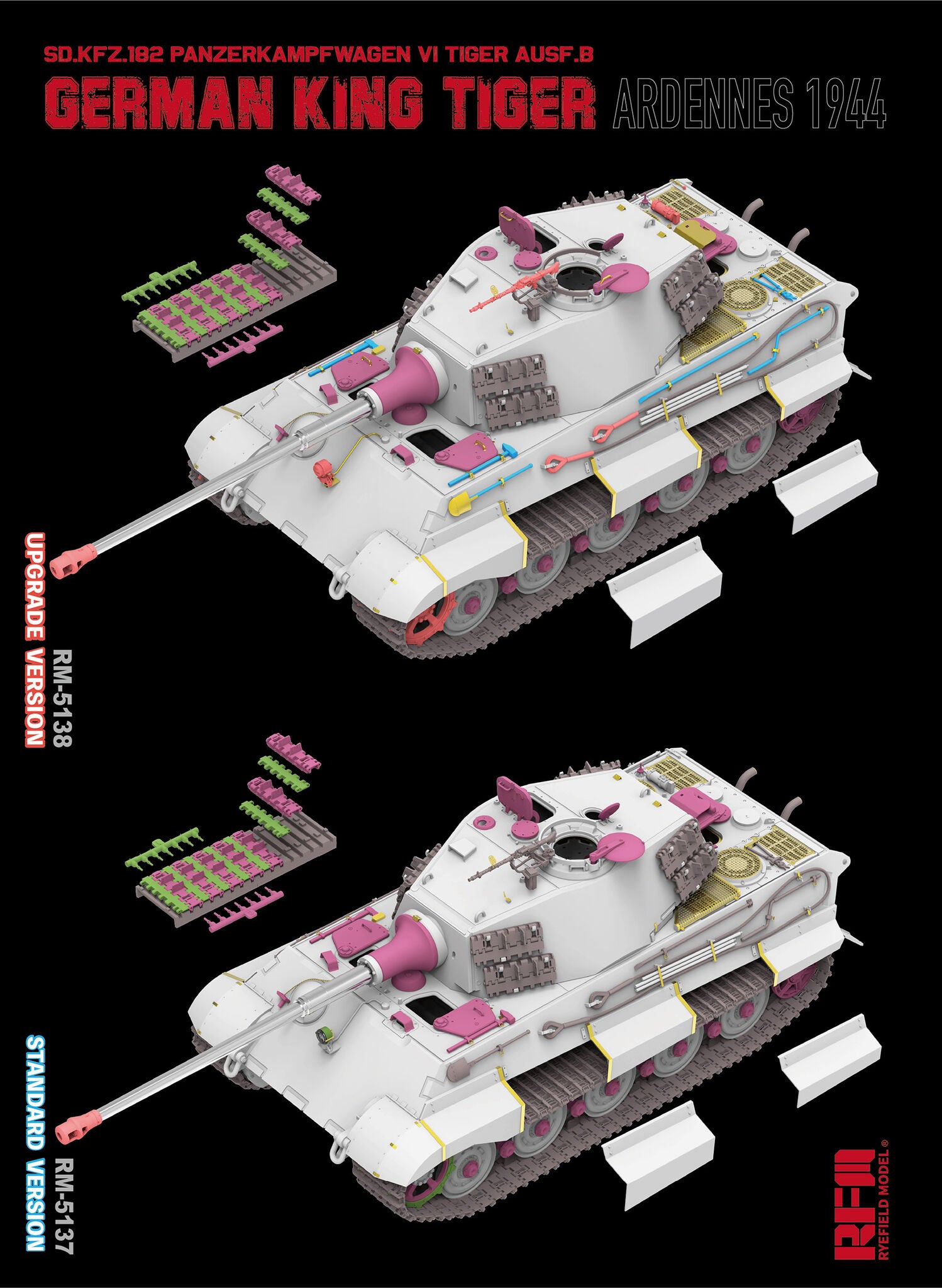 Detalle de cadenas de la maqueta del tanque alemán King Tiger Ausf B en la Batalla de las Ardenas (version upgrade) en escala 1:35 del fabricante RFM referencia 5138