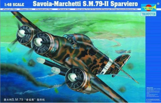 Portada de la caja de la maqueta del avion italiano SM-79 Sparviero en escala 1:48 de Trumpeter referencia 02817