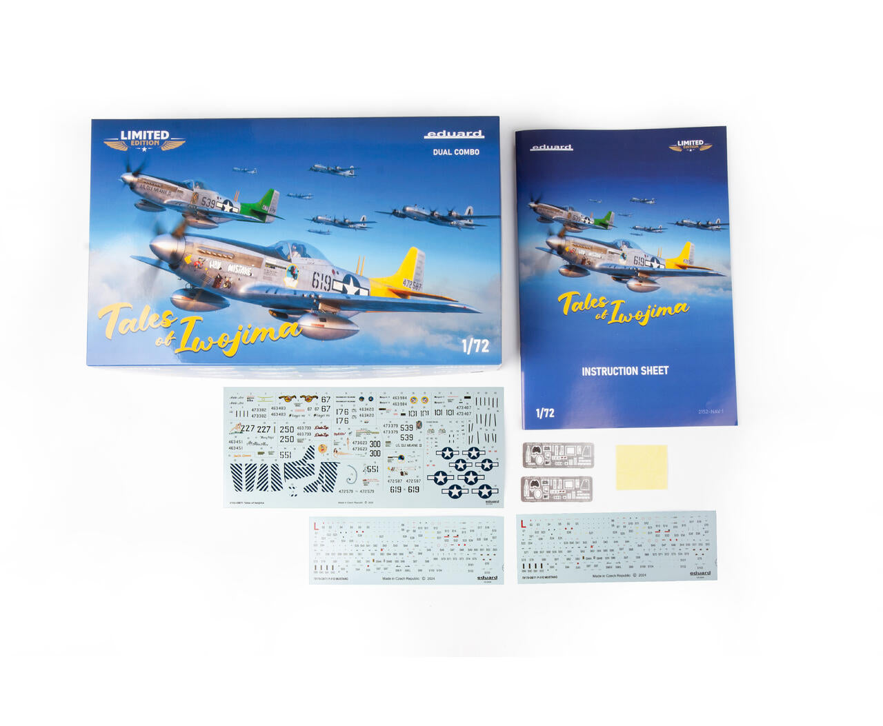 Contenido de  la maqueta del caza P-51D en su edicion especial Dual Combo Tales of Iwojima en escala 1:72 de Eduard referencia 2152