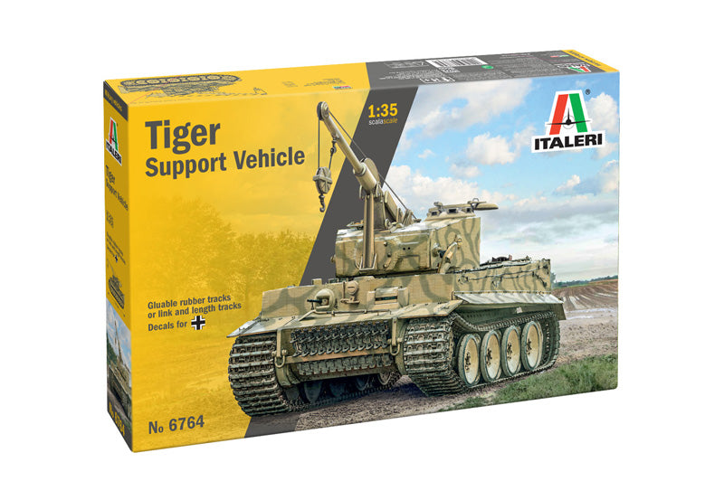 Portada de la caja de la maqueta del tanque alemán Tiger I en su versión con Grúa en escala 1:35 de Italeri con referencia 6764