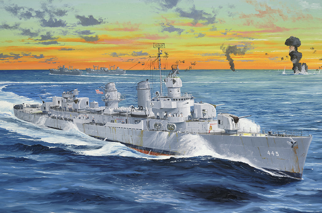 Portada de la caja de la maqueta del destructor norteamericano USS Fletcher DD-445 en escala 1:200 de Trumpeter referencia 03723