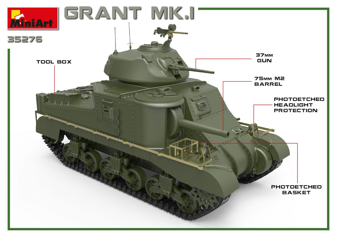 Vista delantera de la maqueta del tanque británico Grant Mk.I en escala 1:35 de Miniart referencia 35276