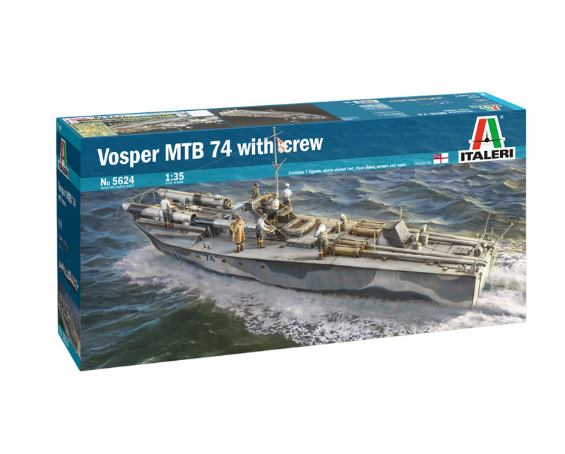 Portada de la caja de la maqueta de la lancha torpedera britanica Vosper 74 en escala 1:35 de Italeri referencia 5624