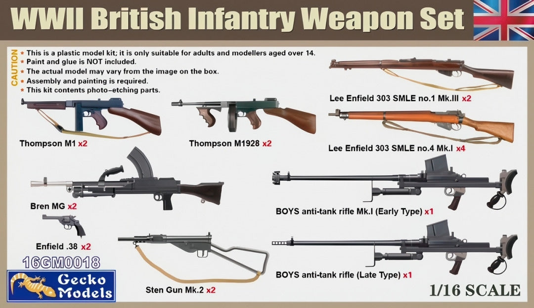 Set de armas de infantería británica de la 2ªGM en escala 1:16 de Gecko Models con referencia 16GM0018