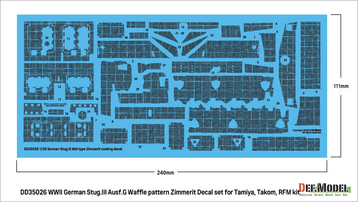 Vista de las calcas con zimmerit con patrón waffle para cazacarros alemán Stug III G en escala 1:35 de Def Model referencia 35024