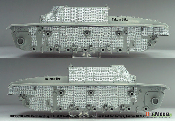 Vista lateral de la calcas con zimmerit con patrón waffle en maqueta de Takom del cazacarros alemán Stug III G en escala 1:35 de Def Model referencia 35024