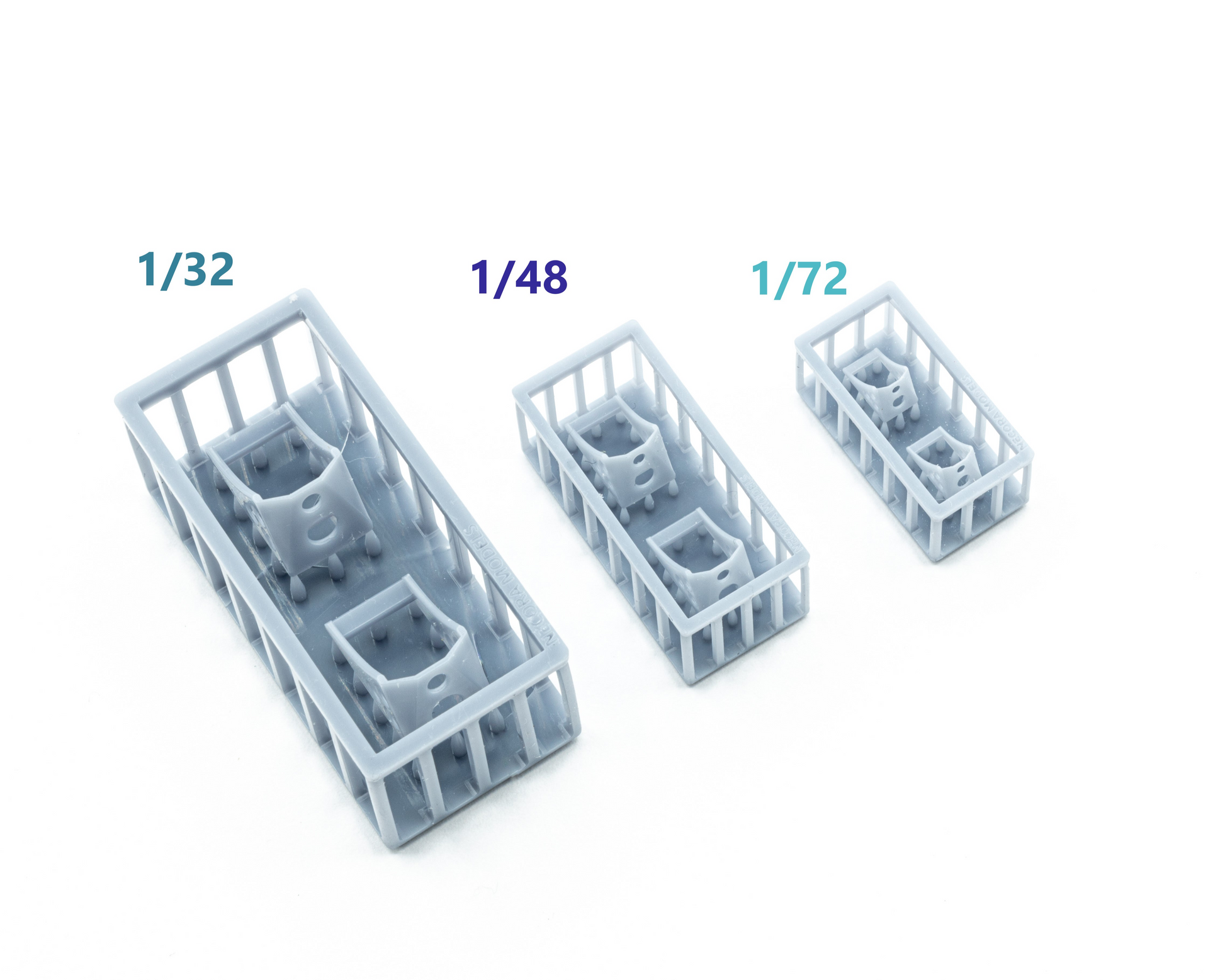 Foto comparativa de las 3 escalas de tacos de freno para aviones soviéticos de Necora Model