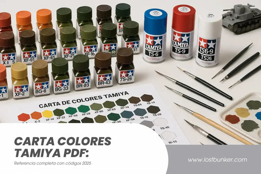 botes de pintura Tamiya, pinceles y carta de colores con tonos verdes, marrones y grises sobre una mesa de modelismo