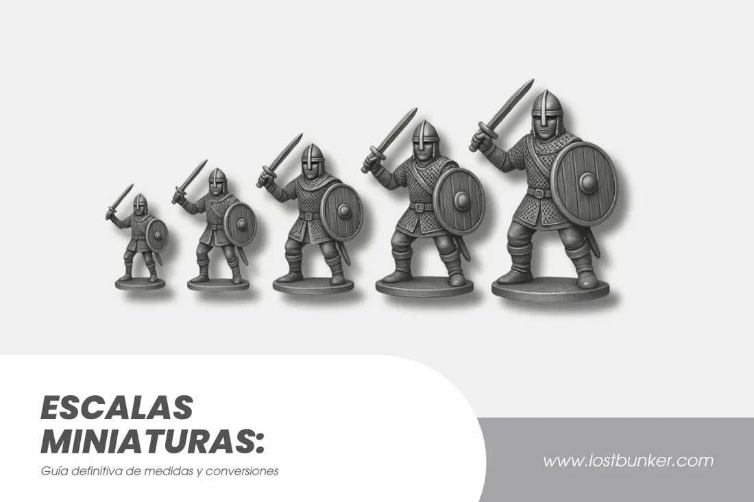 miniaturas de soldados medievales en distintas escalas alineadas de menor a mayor tamaño, mostrando proporciones y medidas de figuras de modelismo