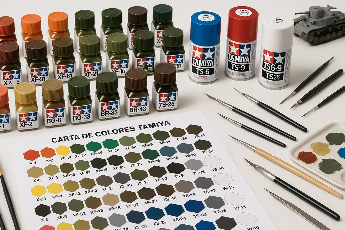 Imagen creada con ia de una mesa de trabajo para modelismo con botes de pintura Tamiya ordenados por colores