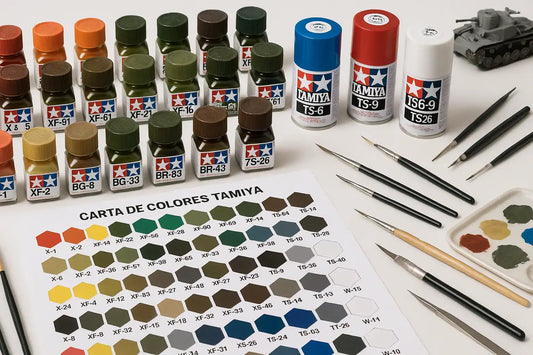 Imagen creada con ia de una mesa de trabajo para modelismo con botes de pintura Tamiya ordenados por colores
