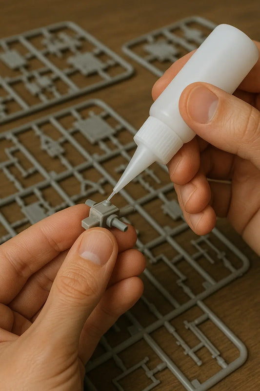 persona utilizando pegamento para pegar piezas de una maquetas