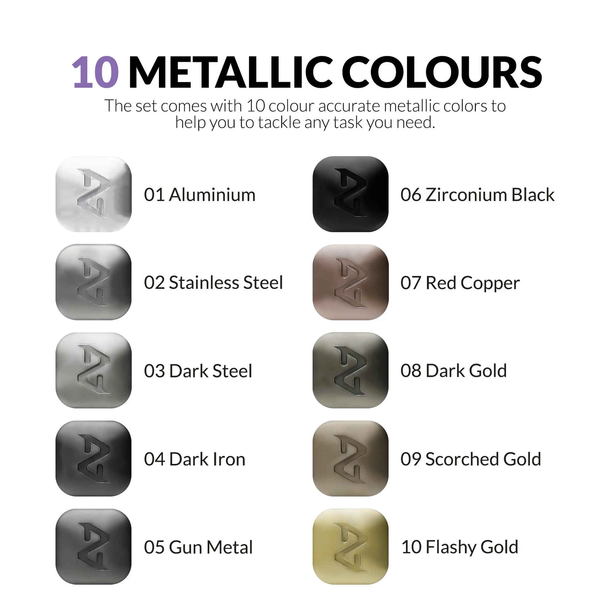 Detalles de lo colores que se incluyen en el set de 10 colores de rotuladores con colores metálicos de Gaahleri
