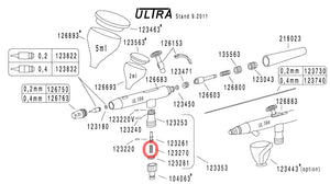 Localizacíon del muelle para válvula de aire de aerografos Ultra, Evolution, Infinity y Hansa con referencia 123270