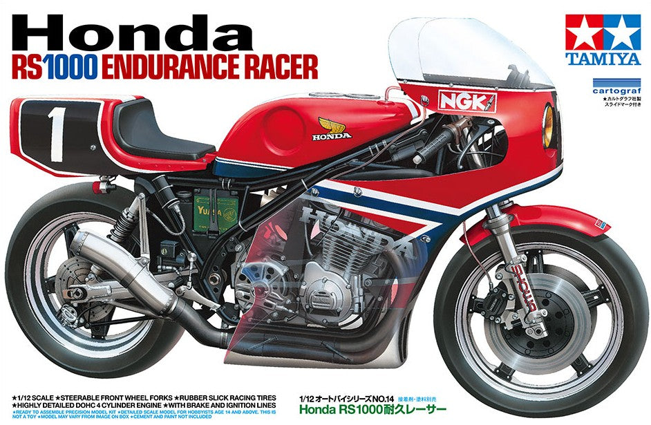 Foto de portada de la caja de la maqueta de la moto Honda RS1000 en escala 1:12 de Tamiya referencia 14014