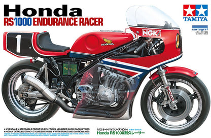 Foto de portada de la caja de la maqueta de la moto Honda RS1000 en escala 1:12 de Tamiya referencia 14014